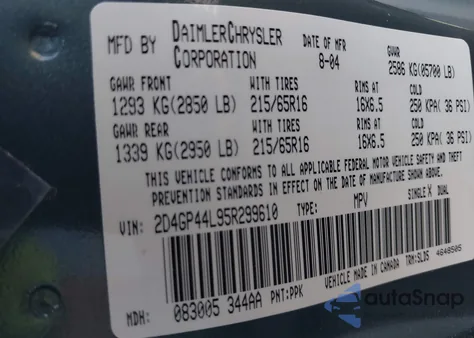 2005 Dodge Grand Caravan Sxt z USA, uszkodzony, nr VIN 2D4GP44L95R299610